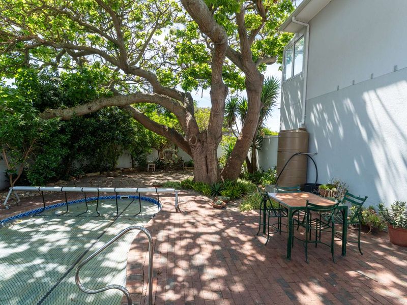 Outdoor pool area featuring brick paving, a large mature tree, and a water tank, providing a shaded space for relaxation.