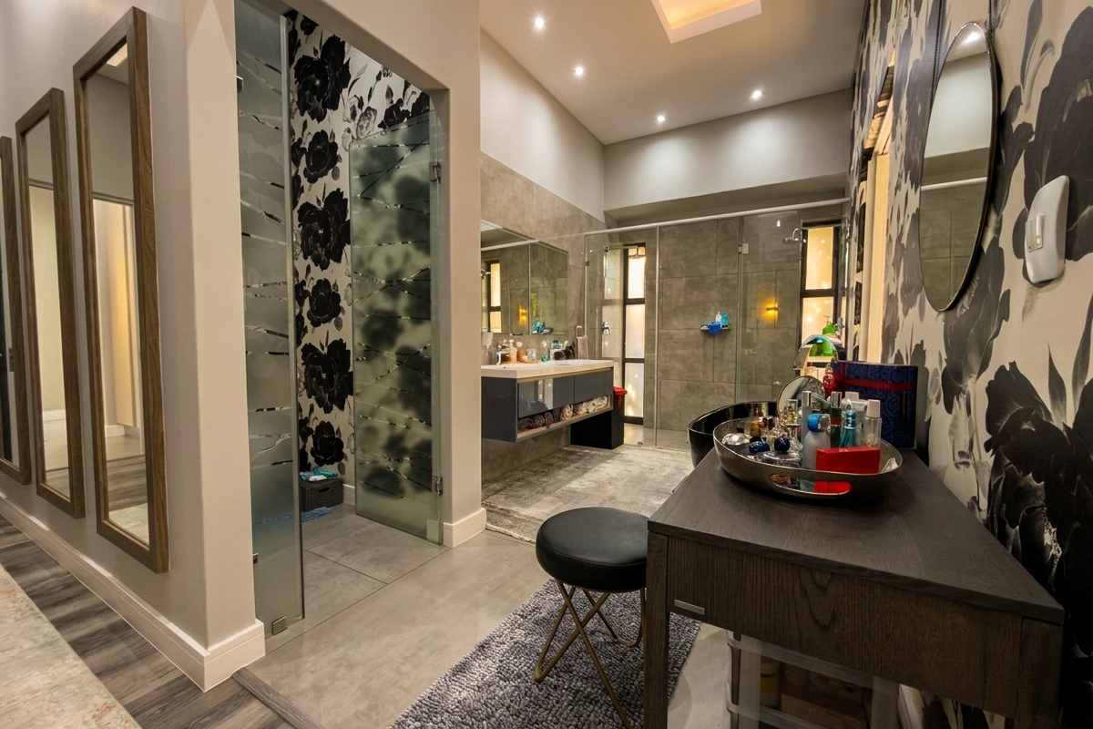 Modern bathroom featuring a floating vanity, glass-enclosed shower, and bold floral wallpaper, creating a sophisticated and contemporary aesthetic.