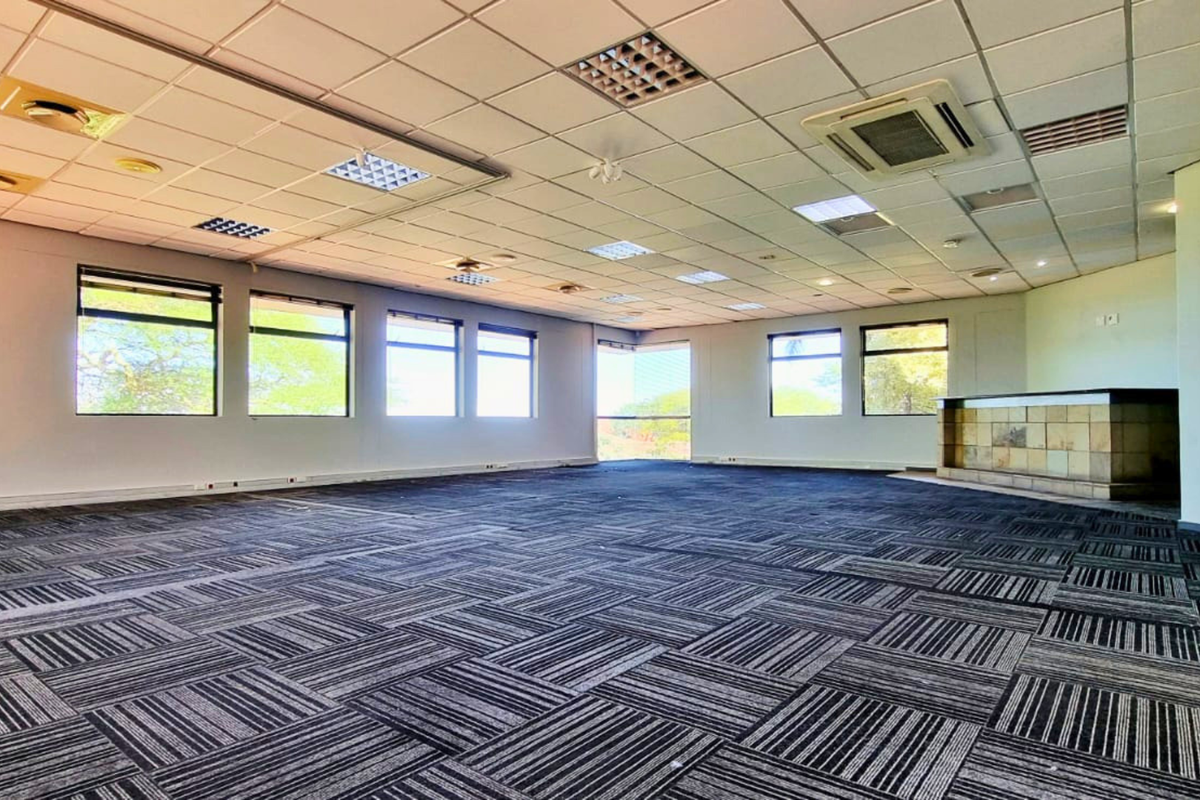 Spacious open-plan office area featuring a suspended ceiling, recessed lighting, integrated air conditioning, carpet tiles, and a built-in service counter.