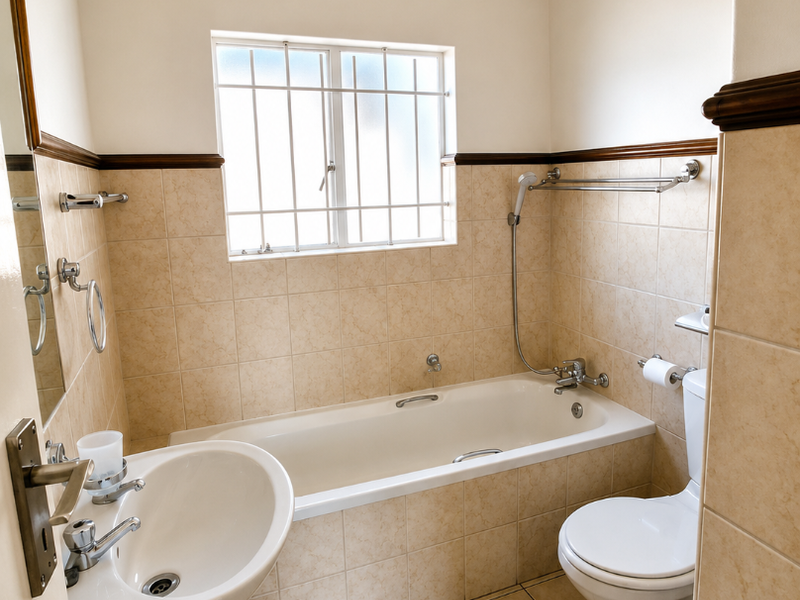 A functional bathroom featuring a pedestal basin, bathtub, and toilet with neutral wall and floor tiling, providing a clean and practical space.