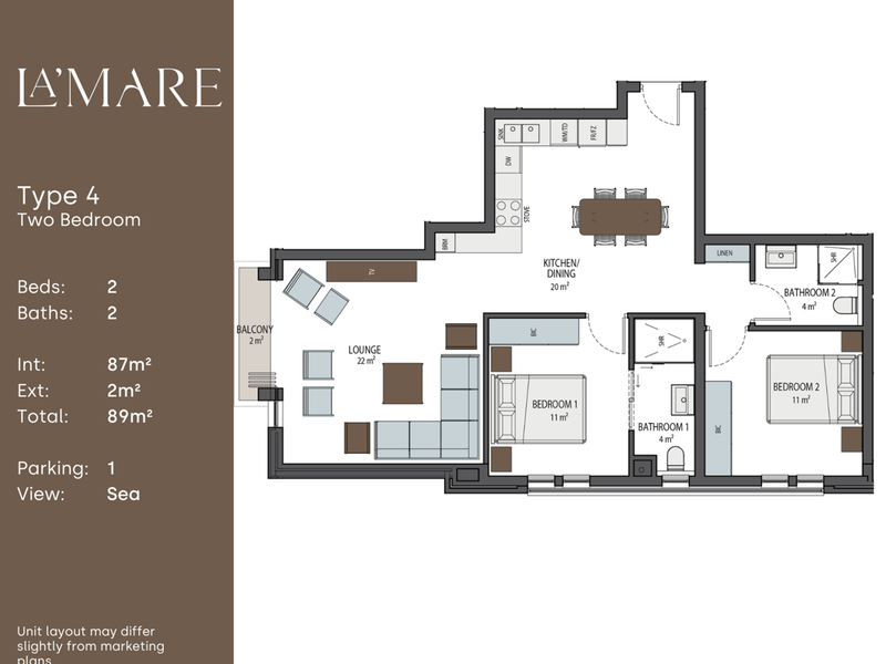 A detailed architectural floor plan for a two-bedroom, two-bathroom apartment unit, showcasing the layout of the living, kitchen, and bedroom areas.
