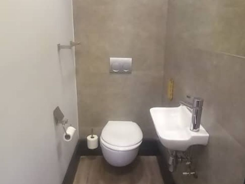 A modern, compact guest bathroom featuring a wall-mounted toilet, sleek basin with chrome tap, large mirror, and contemporary wood-look laminate flooring.
