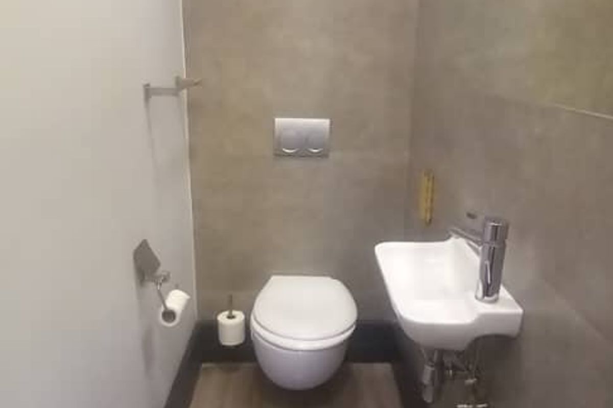 A modern, compact guest bathroom featuring a wall-mounted toilet, sleek basin with chrome tap, large mirror, and contemporary wood-look laminate flooring.