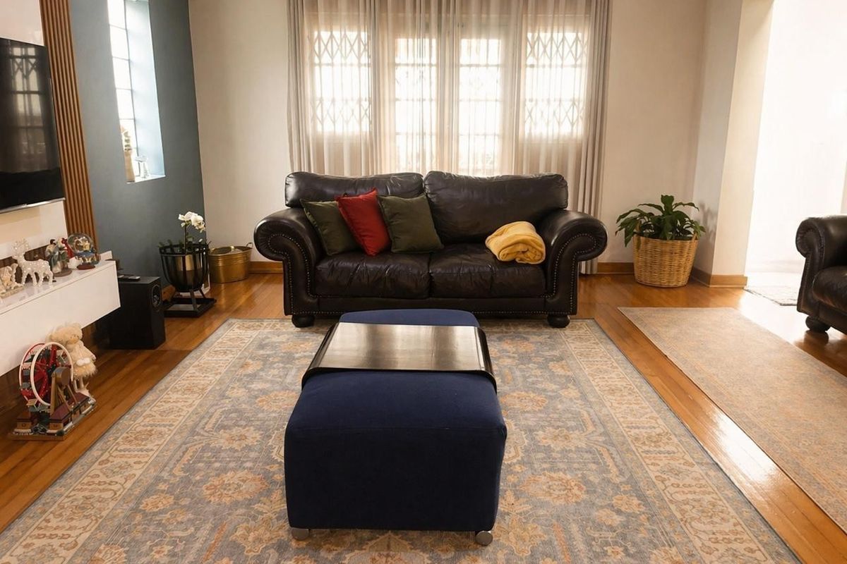 A comfortable living room featuring polished hardwood flooring, a feature slatted wood wall, and a built-in media console with natural light from large windows.