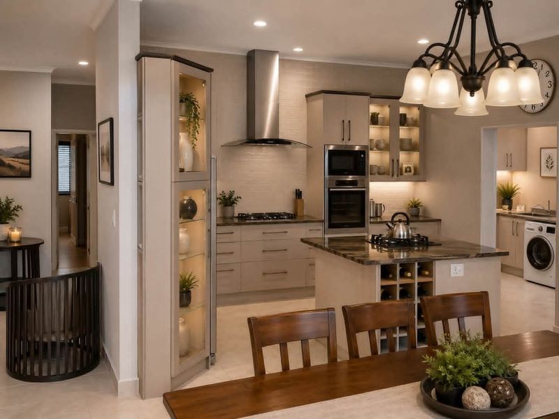 Modern open-plan kitchen featuring high-end cabinetry, stone countertops, integrated appliances, and a central island with a gas hob, seamlessly flowing into the dining area.