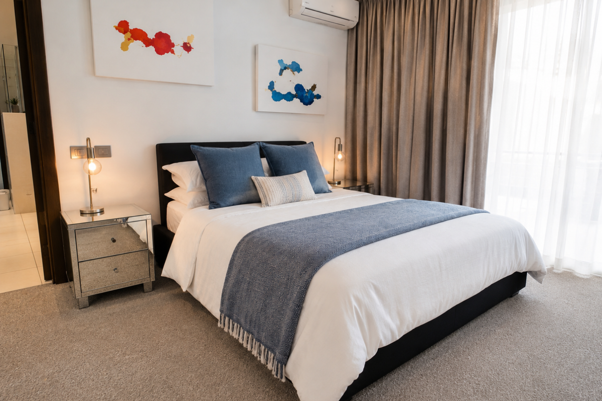 A well-maintained bedroom featuring neutral carpeting, a wall-mounted air conditioning unit, and large sliding glass doors providing access to the balcony.