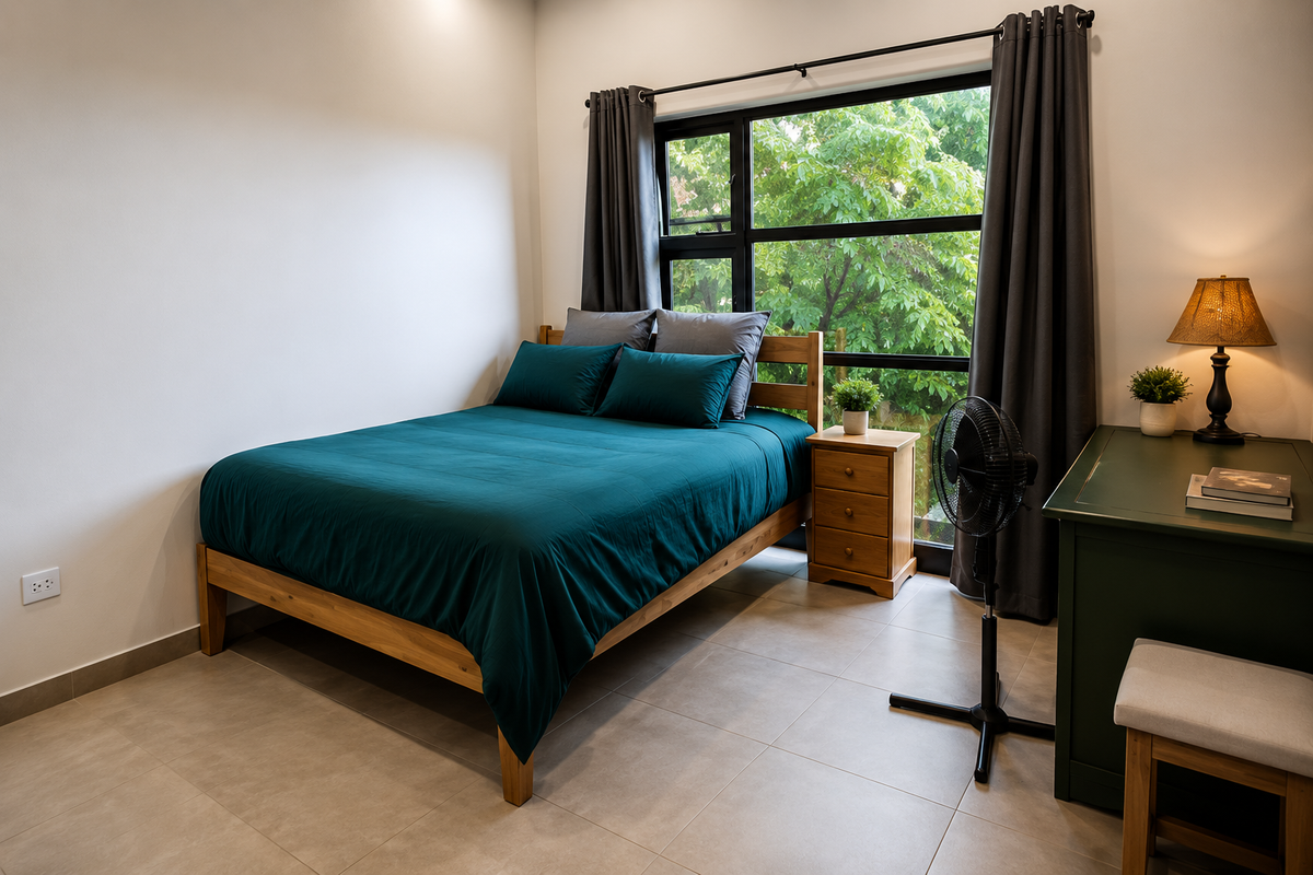 A well-lit bedroom featuring large windows with garden views, neutral tiled flooring, and a clean, modern aesthetic.
