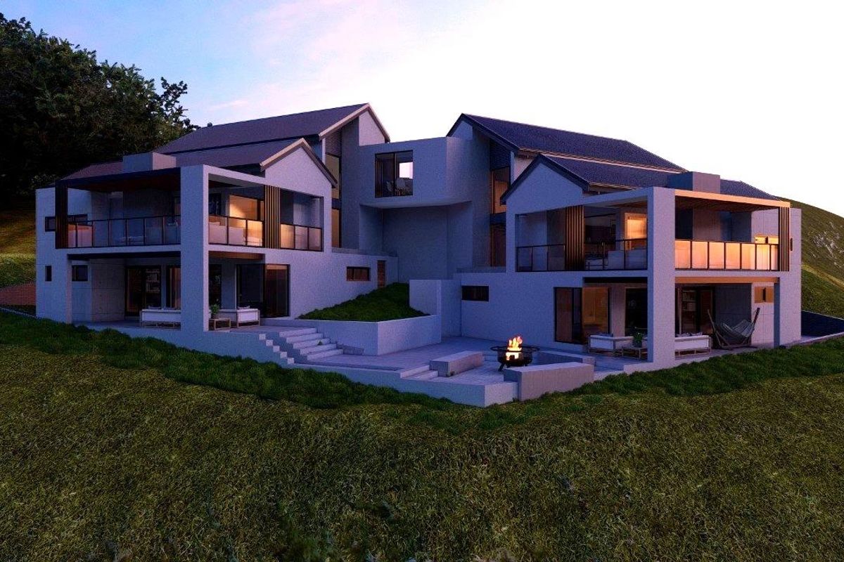 Modern multi-level architectural residence featuring expansive balconies, integrated outdoor patio space with a fire pit, and contemporary structural design.