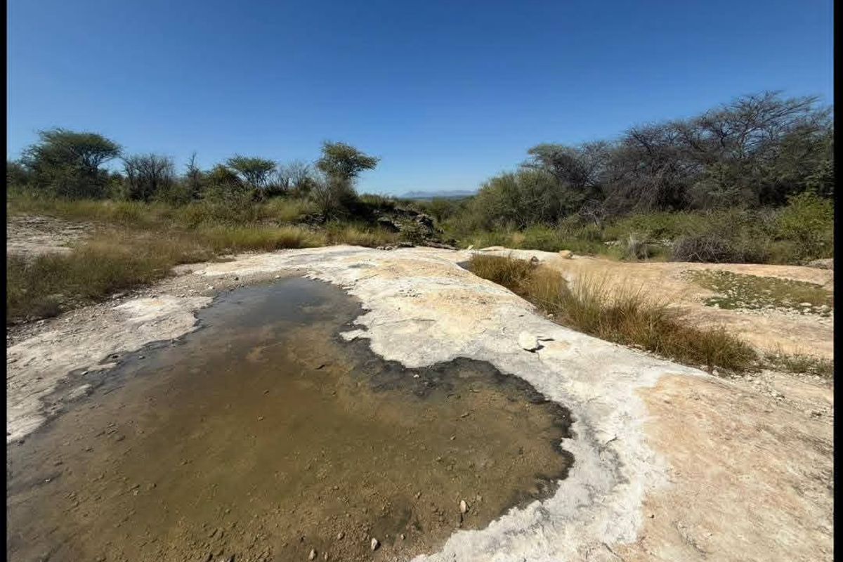 A natural landscape view featuring exposed rock formations and a seasonal water pool set within the farm's open terrain.