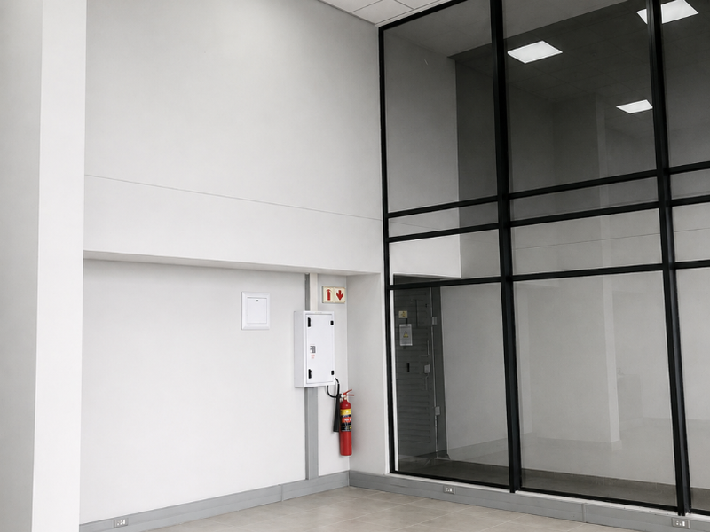 A bright, modern retail entry space featuring high ceilings, large glass partitions, neutral ceramic tiling, and integrated fire safety equipment.