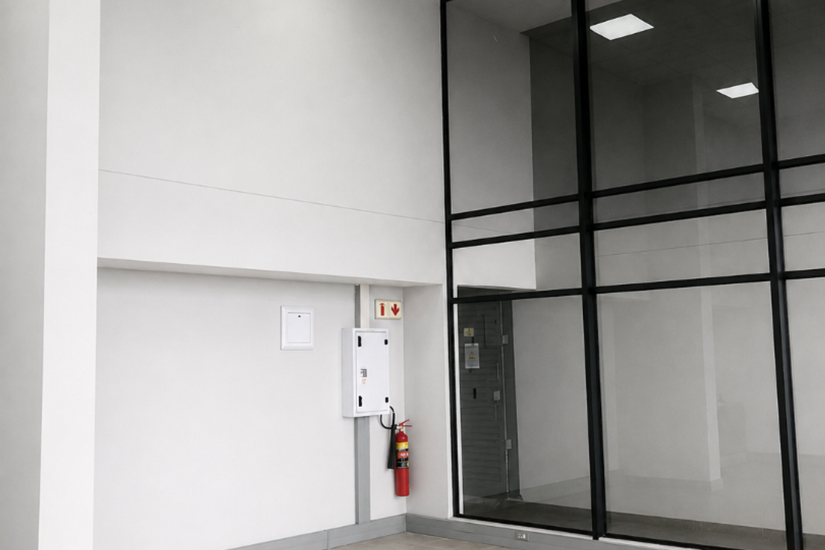 A bright, modern retail entry space featuring high ceilings, large glass partitions, neutral ceramic tiling, and integrated fire safety equipment.