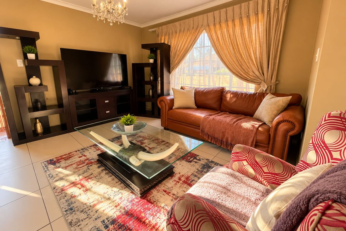 A well-maintained living room featuring tiled flooring, built-in shelving units, and large windows with curtain rails, creating a comfortable and inviting space.