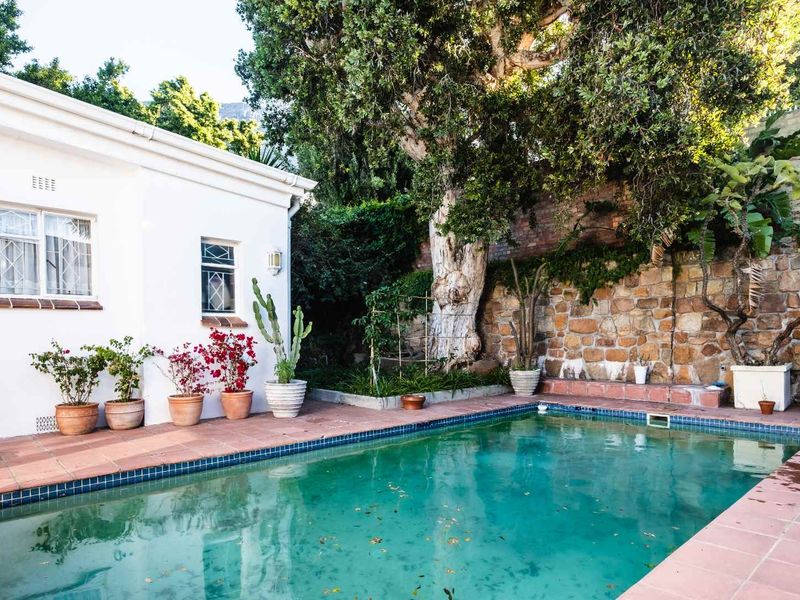 Outdoor pool area featuring a swimming pool with terracotta coping, set against a stone retaining wall and mature garden foliage.