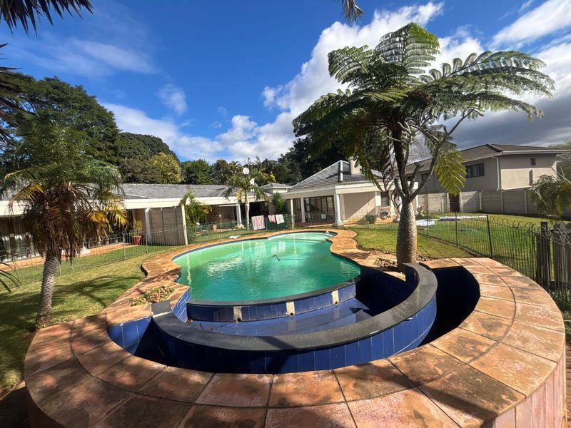 Outdoor pool area featuring a curved tiled surround, metal fencing, and established garden, requiring maintenance to the pool surface and water quality.
