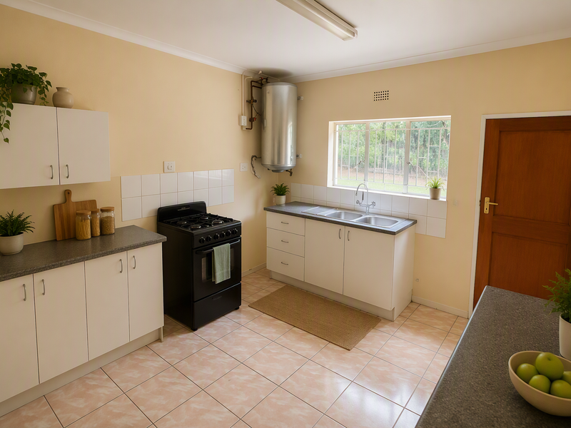 A functional kitchen featuring white cabinetry, laminate countertops, a stainless steel double sink, and a freestanding gas stove with tiled flooring.