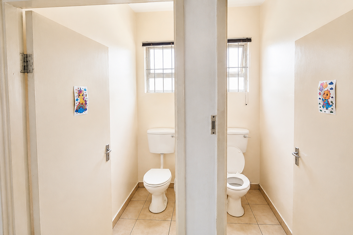 Two separate toilet cubicles featuring tiled flooring, ceramic toilets, and security-barred windows, providing functional restroom facilities.