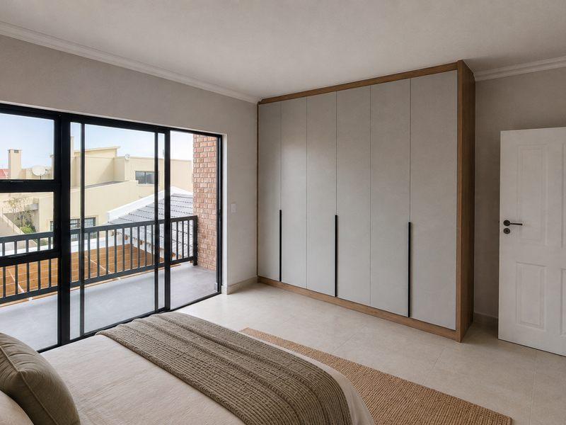 Modern bedroom featuring large built-in wardrobes, neutral tiled flooring, and sliding glass doors providing direct access to a private balcony.