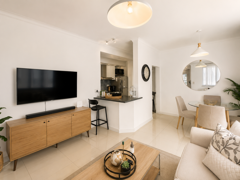 A bright open-plan living and dining area featuring tiled floors, modern pendant lighting, and a compact kitchen with built-in cabinetry and a breakfast bar.