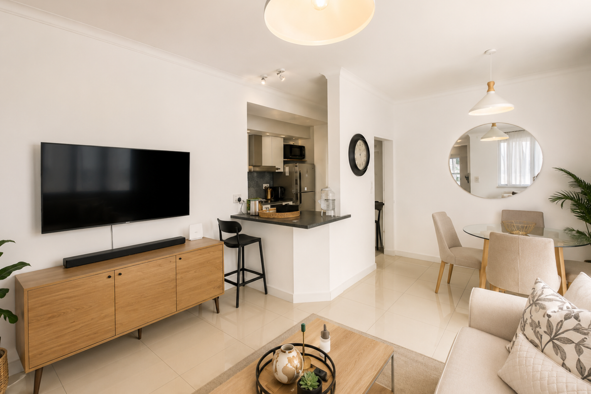 A bright open-plan living and dining area featuring tiled floors, modern pendant lighting, and a compact kitchen with built-in cabinetry and a breakfast bar.