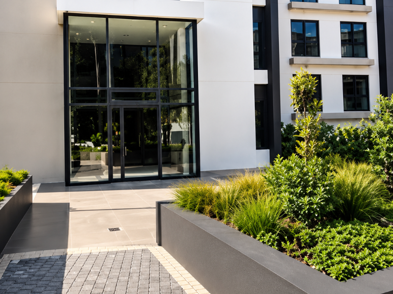 Modern commercial building entrance featuring a glass facade, paved walkway, and contemporary raised concrete planters with professional landscaping.