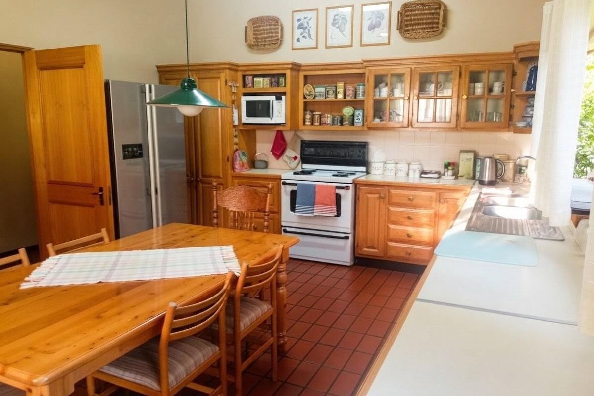 A traditional kitchen featuring wooden cabinetry, tiled flooring, and a functional layout with a built-in microwave and freestanding stove.