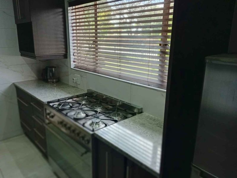 Modern kitchen featuring dark wood cabinetry, stone countertops, and a built-in gas hob with oven, complemented by natural light through venetian blinds.