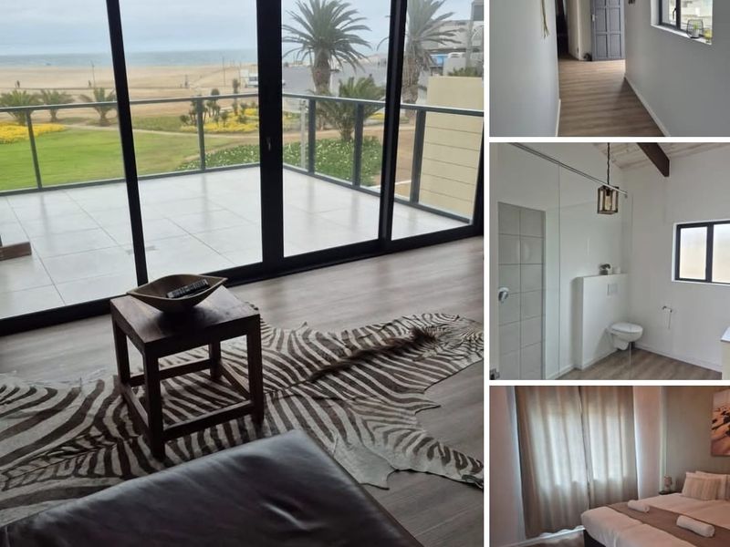 A collage showing a living area with balcony access, a hallway, a modern bathroom, and a bedroom in an apartment with coastal views.
