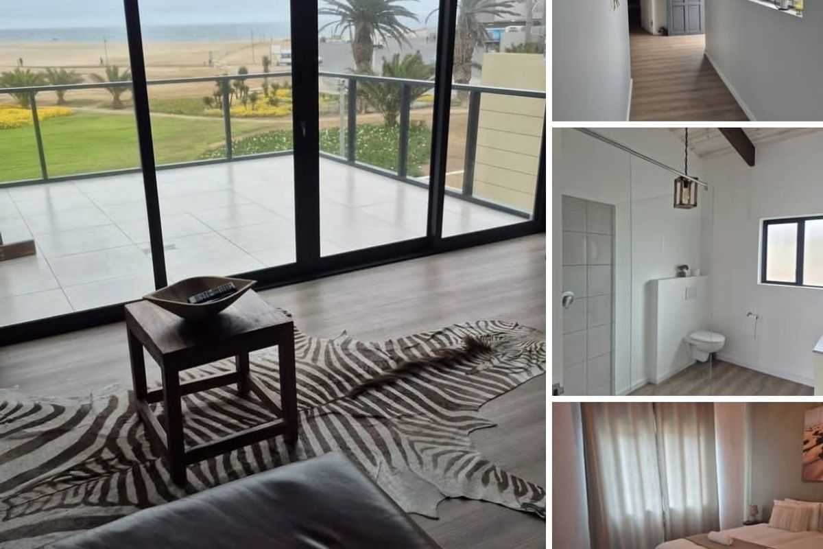 A collage showing a living area with balcony access, a hallway, a modern bathroom, and a bedroom in an apartment with coastal views.