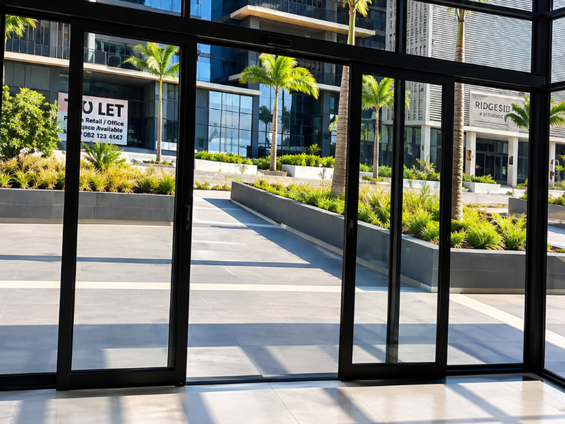 Modern commercial entrance featuring expansive floor-to-ceiling glass sliding doors opening onto a paved courtyard with landscaped garden beds.
