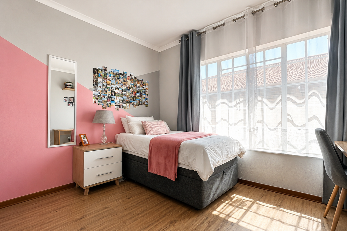 A bright and well-maintained bedroom featuring laminate flooring, a large window with natural light, and neutral wall finishes.