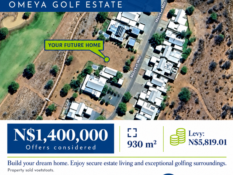 Aerial view of a vacant residential plot located within the Omeya Golf Estate, highlighting the property's position and surrounding infrastructure.