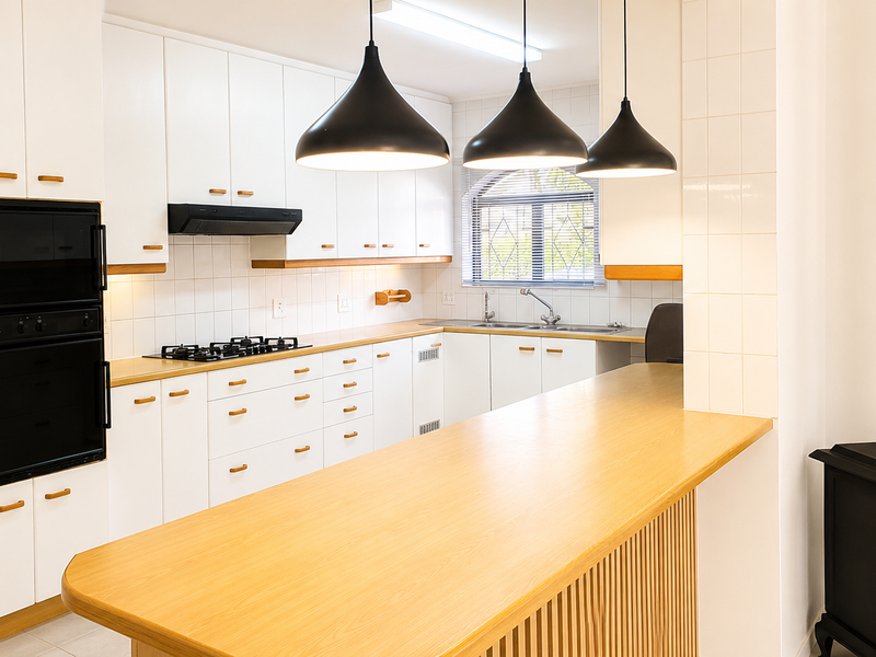 A well-maintained kitchen featuring white cabinetry, laminate countertops, a built-in oven, gas hob, and a cozy wood-burning stove in the adjacent area.