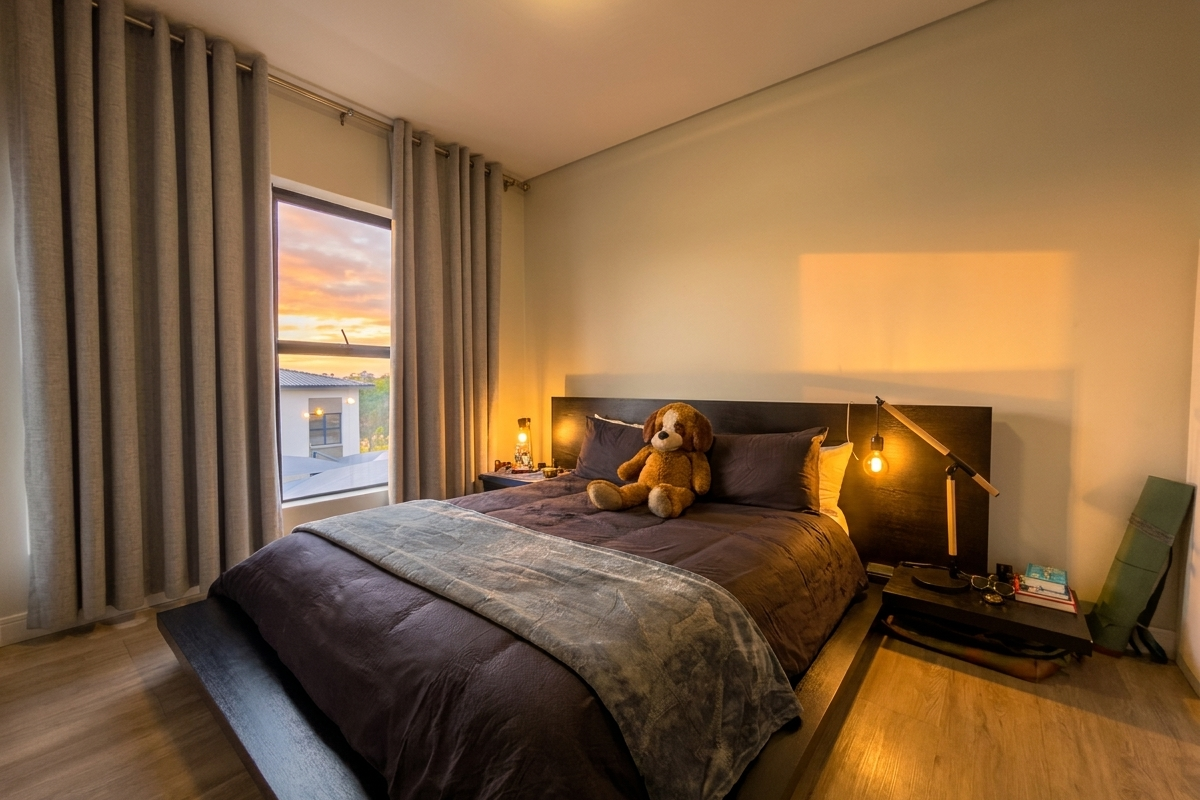 A well-lit bedroom featuring modern wood-look flooring, large windows with floor-to-ceiling curtains, and a warm, inviting atmosphere.