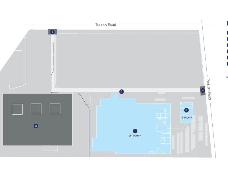 A detailed site plan illustrating the layout of the industrial property, including warehouse, office, and entrance locations with total leasable area.