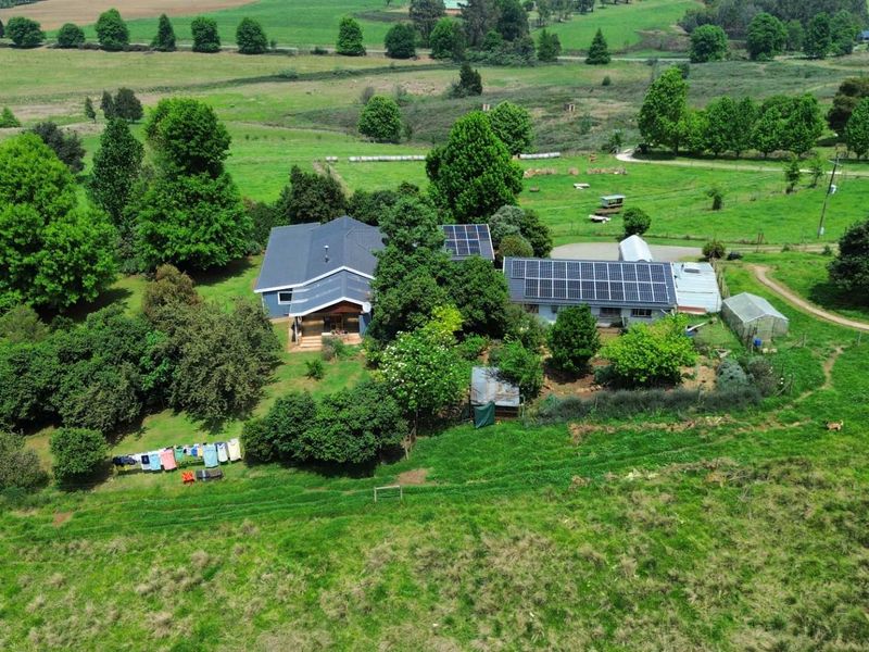 Aerial view of a small holding property featuring a main dwelling with extensive solar panel installations, a greenhouse, and surrounding pasture land.
