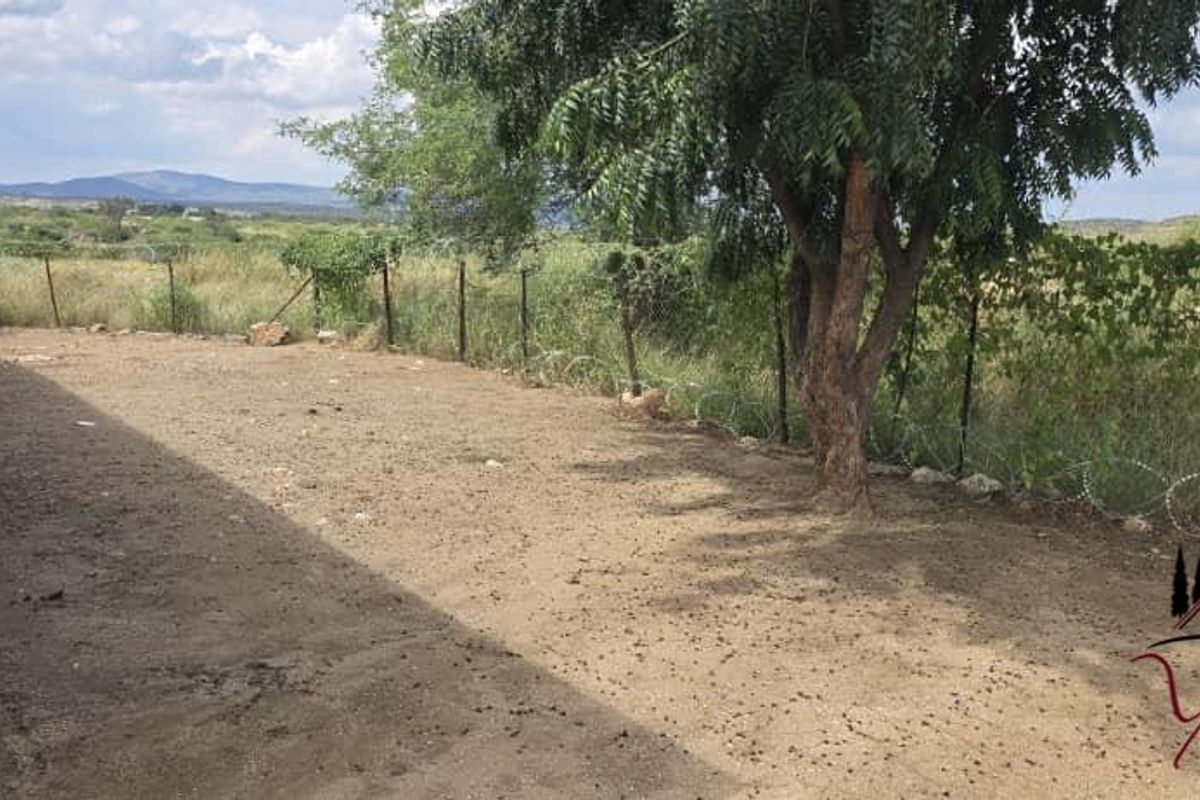 A view of the rear yard area featuring a large tree, perimeter wire fencing, and an unlandscaped dirt surface with distant mountain views.