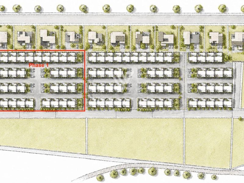 An architectural site plan illustrating the layout of the residential development, highlighting the Phase 1 section within the complex.