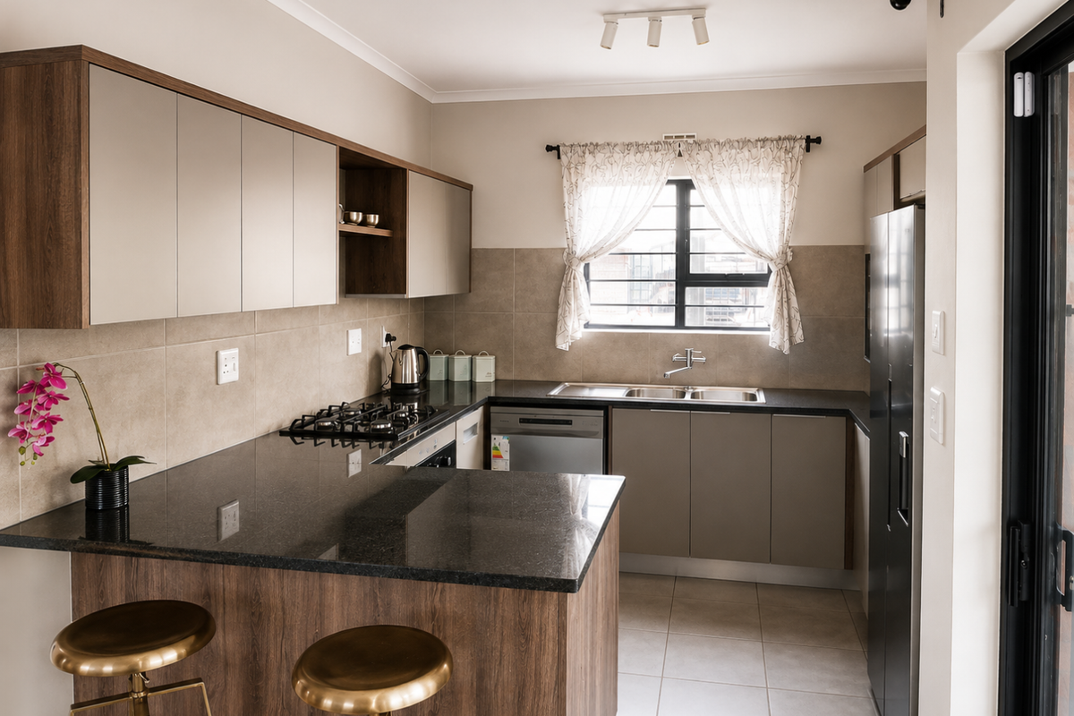 Modern kitchen featuring granite countertops, built-in cabinetry, gas hob, and integrated dishwasher, offering a functional and well-maintained cooking space.