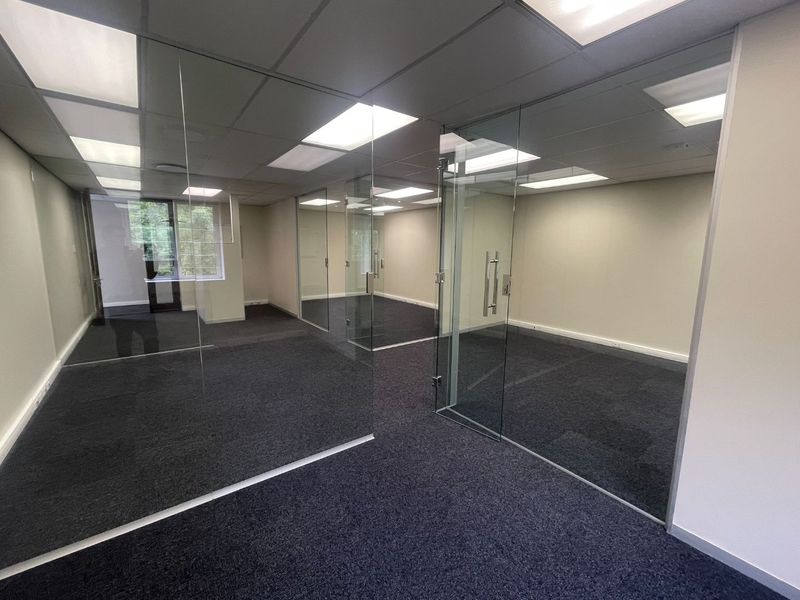 A modern, vacant office space featuring glass partitioning, suspended ceilings with recessed lighting, and clean carpet flooring, ready for professional fit-out.