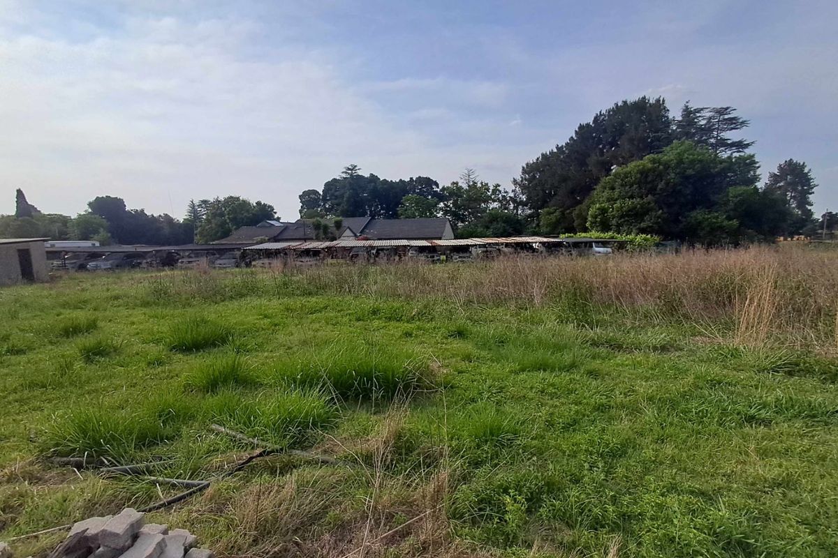 A wide view of the property grounds featuring open land, overgrown grass, and a series of outbuildings with corrugated metal roofing.