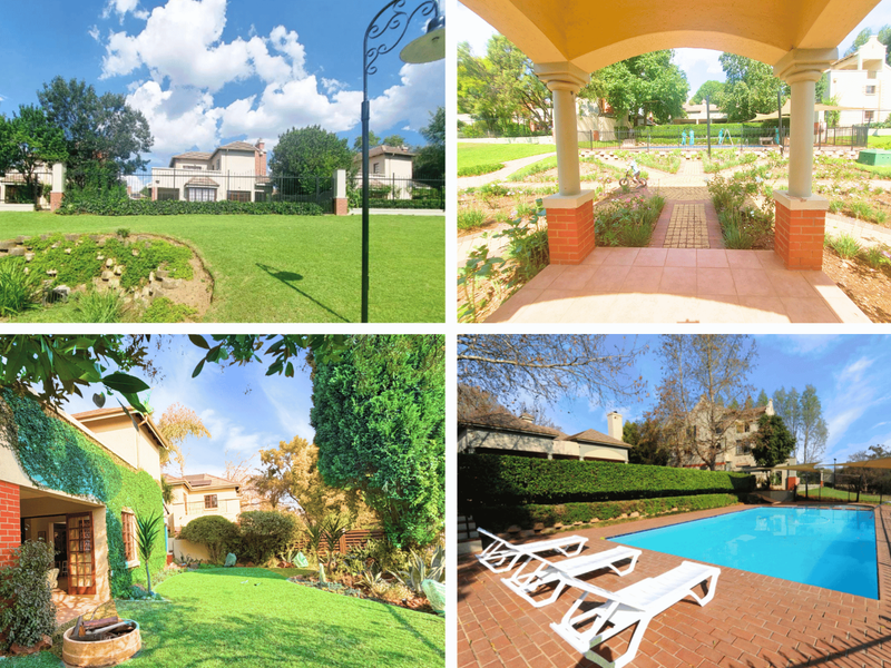 A composite image showcasing the communal outdoor facilities of the cluster complex, including a swimming pool, landscaped gardens, and covered patio areas.