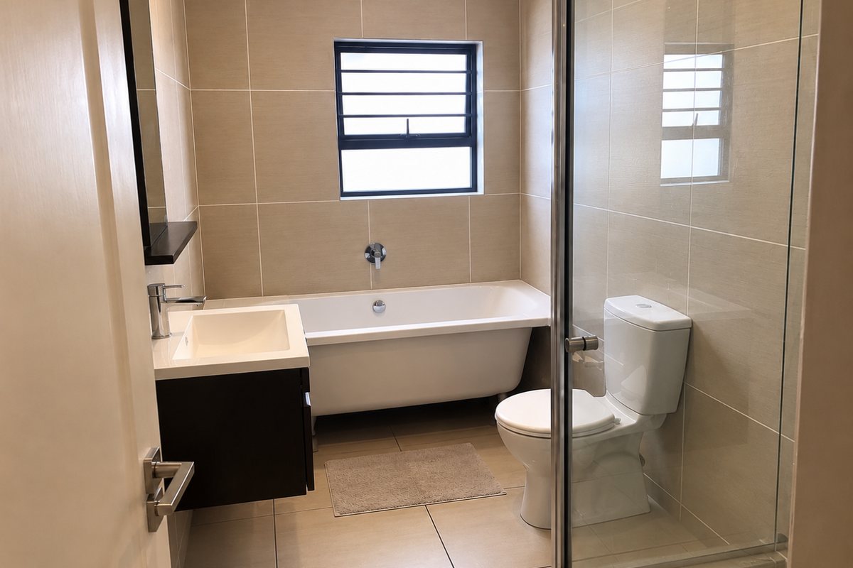 Modern bathroom featuring a freestanding bathtub, glass-enclosed shower, wall-mounted vanity with basin, and neutral floor-to-ceiling tiling.