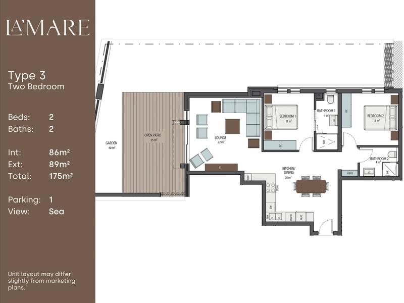 Architectural floor plan for a two-bedroom, two-bathroom apartment featuring an open-plan living area, kitchen, and an expansive outdoor patio and garden space.