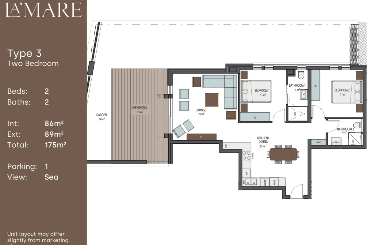 Architectural floor plan for a two-bedroom, two-bathroom apartment featuring an open-plan living area, kitchen, and an expansive outdoor patio and garden space.