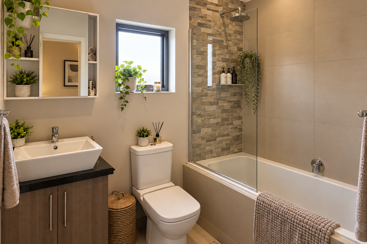 Modern bathroom featuring a vessel sink on a stone vanity, a toilet, and a bathtub with a glass screen and stone tile feature wall.
