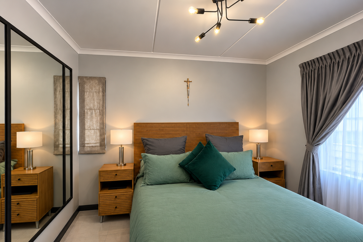 A well-maintained bedroom featuring tiled flooring, a built-in mirror wardrobe, and modern ceiling lighting, creating a clean and comfortable living space.