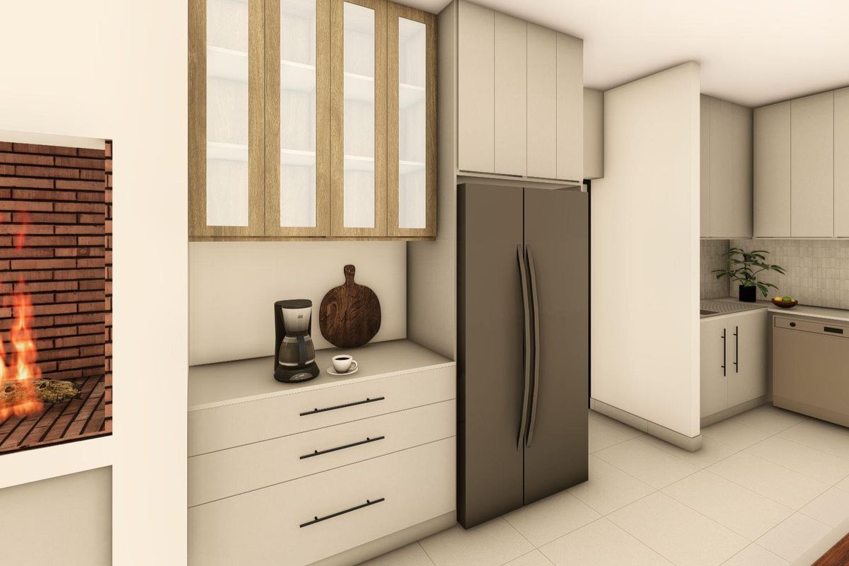 Modern kitchen featuring sleek cabinetry, integrated appliances, tiled flooring, and a built-in fireplace, creating a warm and functional culinary space.