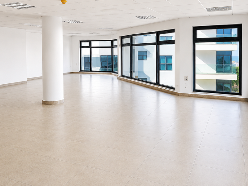 A bright, open-plan office space featuring large windows, tiled flooring, and a modern suspended ceiling with recessed lighting.