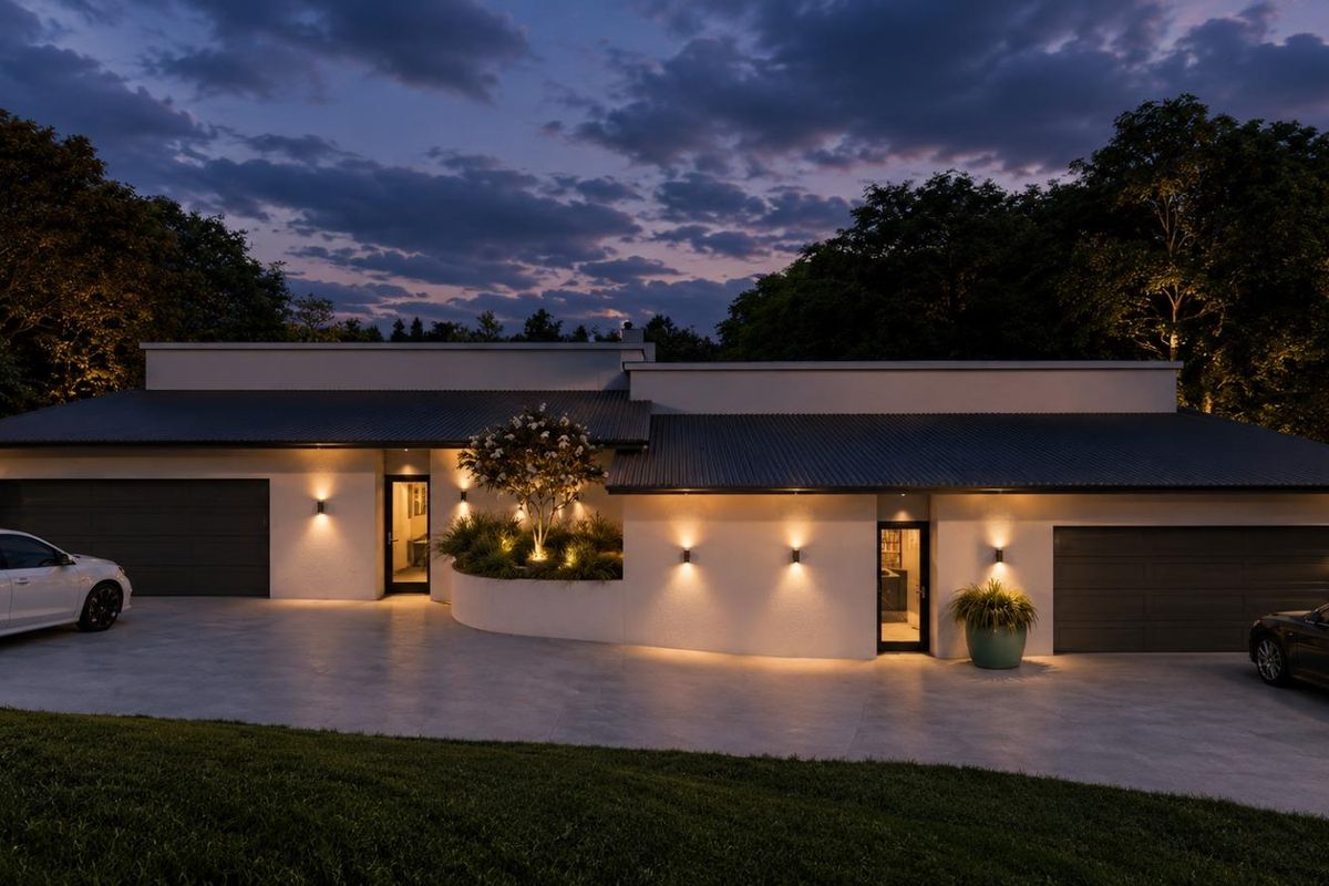 Modern single-story residence featuring a double garage, concrete driveway, and elegant exterior wall lighting at dusk.
