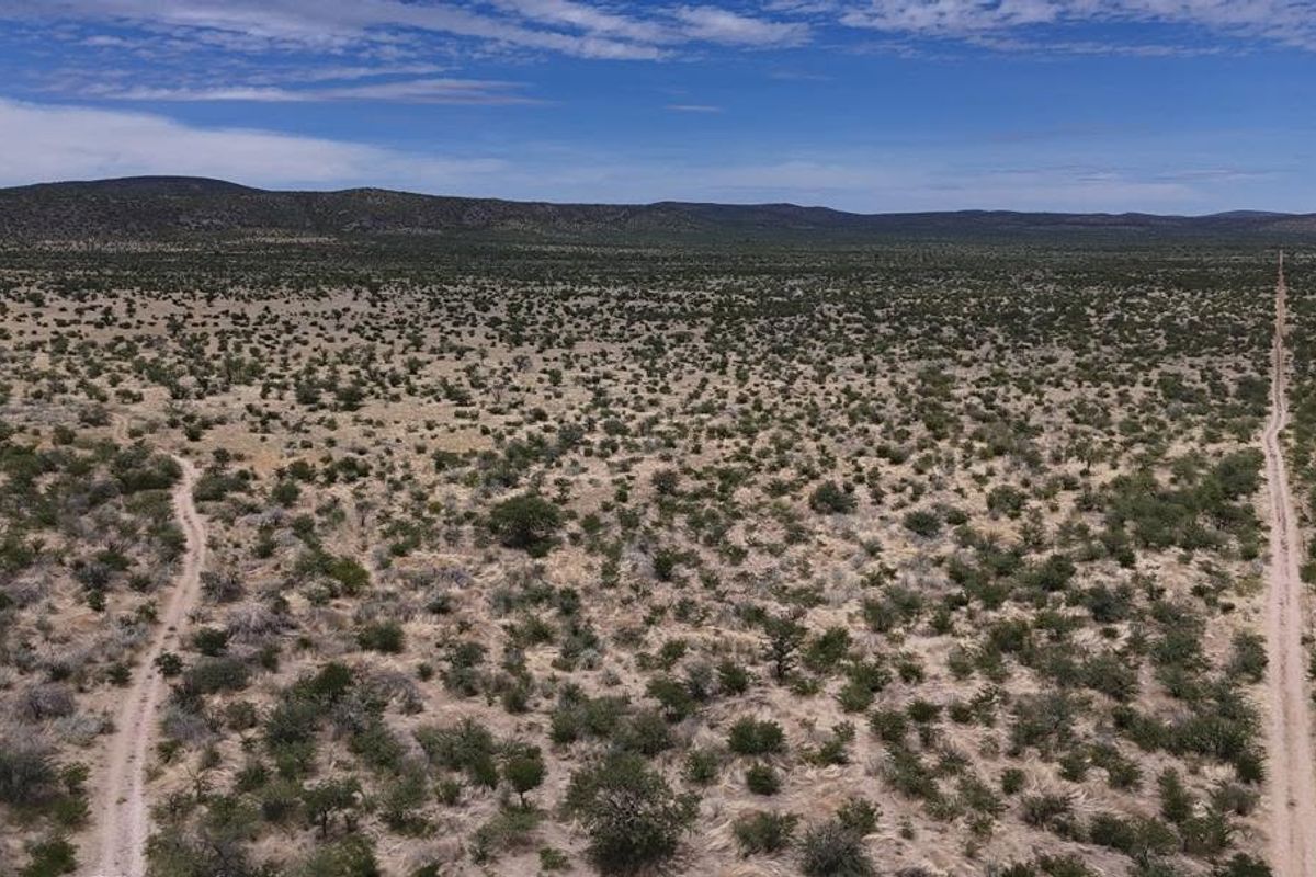 An aerial view of the expansive farm landscape featuring natural vegetation and dirt access tracks stretching across the property.